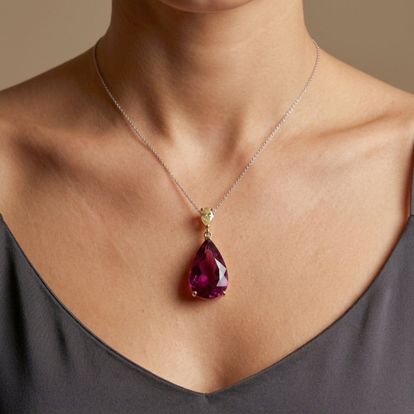 14K 10.54ct Pear Shape Copper Bearing Tourmaline 0.55ct Pear Shape VS Yellow Diamond Pendant
