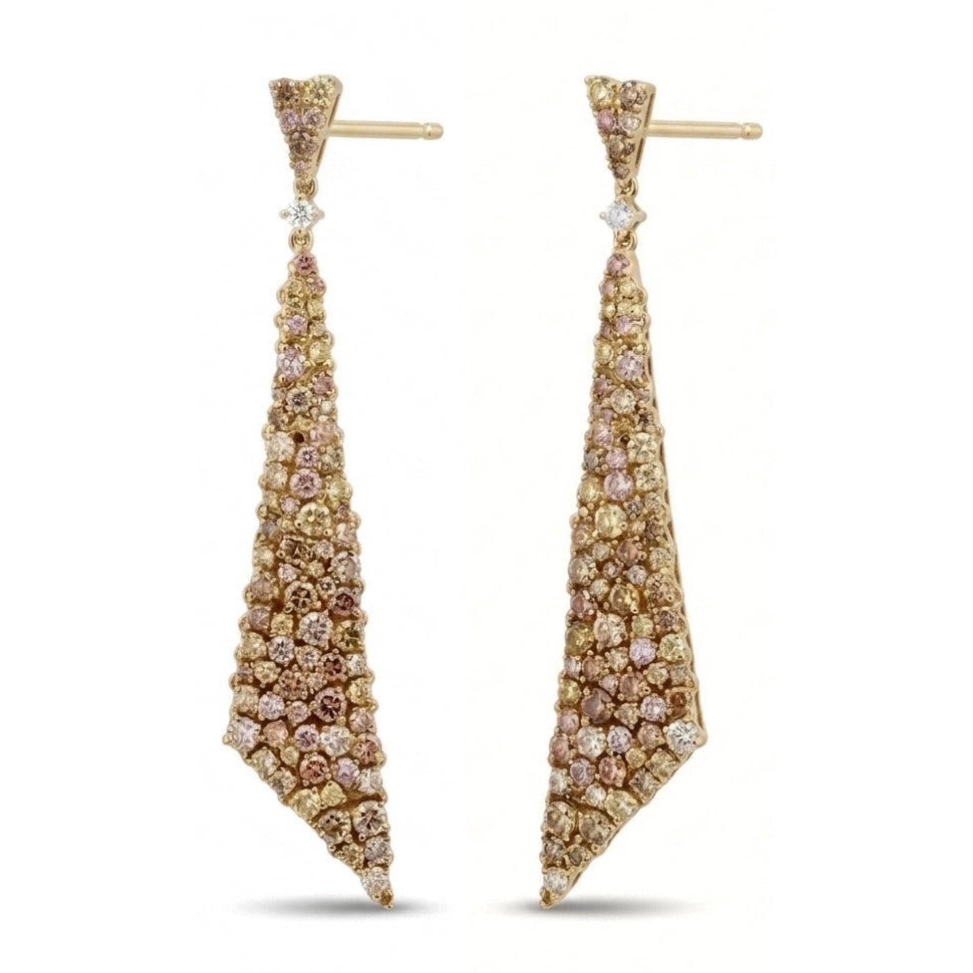14K gold 7.42 cttw round multi-color diamond drop earrings