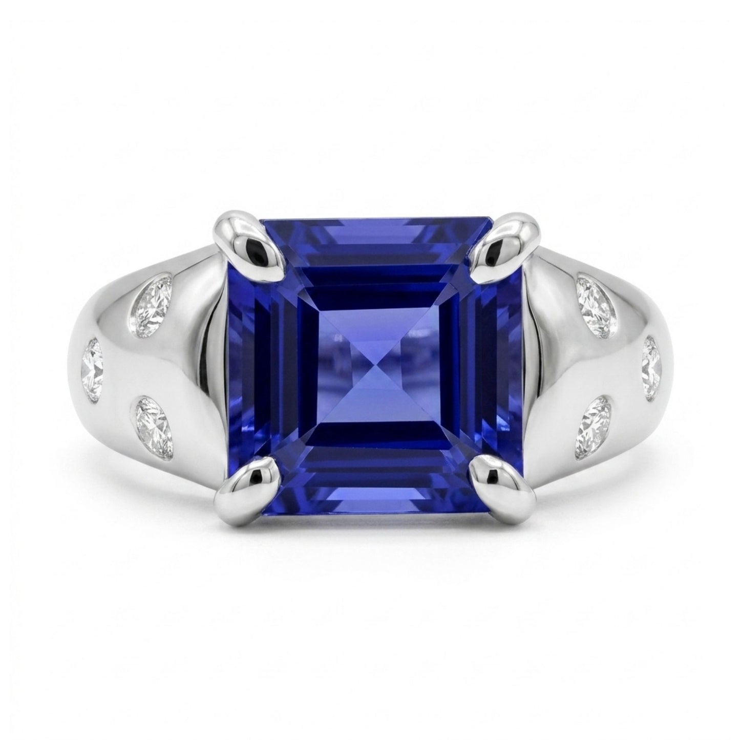 14K 2.25ct Asscher Cut Blue Wing Tanzanite 0.16cttw VS White Diamonds Ring