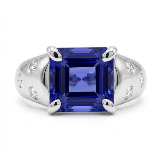 14K 2.25ct Asscher Cut Blue Wing Tanzanite 0.16cttw VS White Diamonds Ring