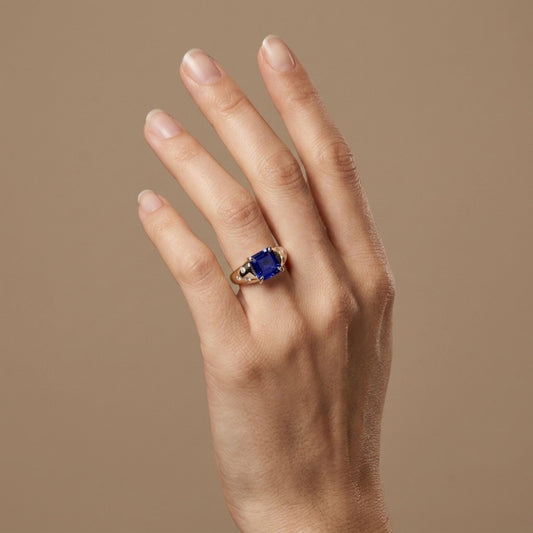 14K 2.25ct Asscher Cut Blue Wing Tanzanite 0.16cttw VS White Diamonds Ring