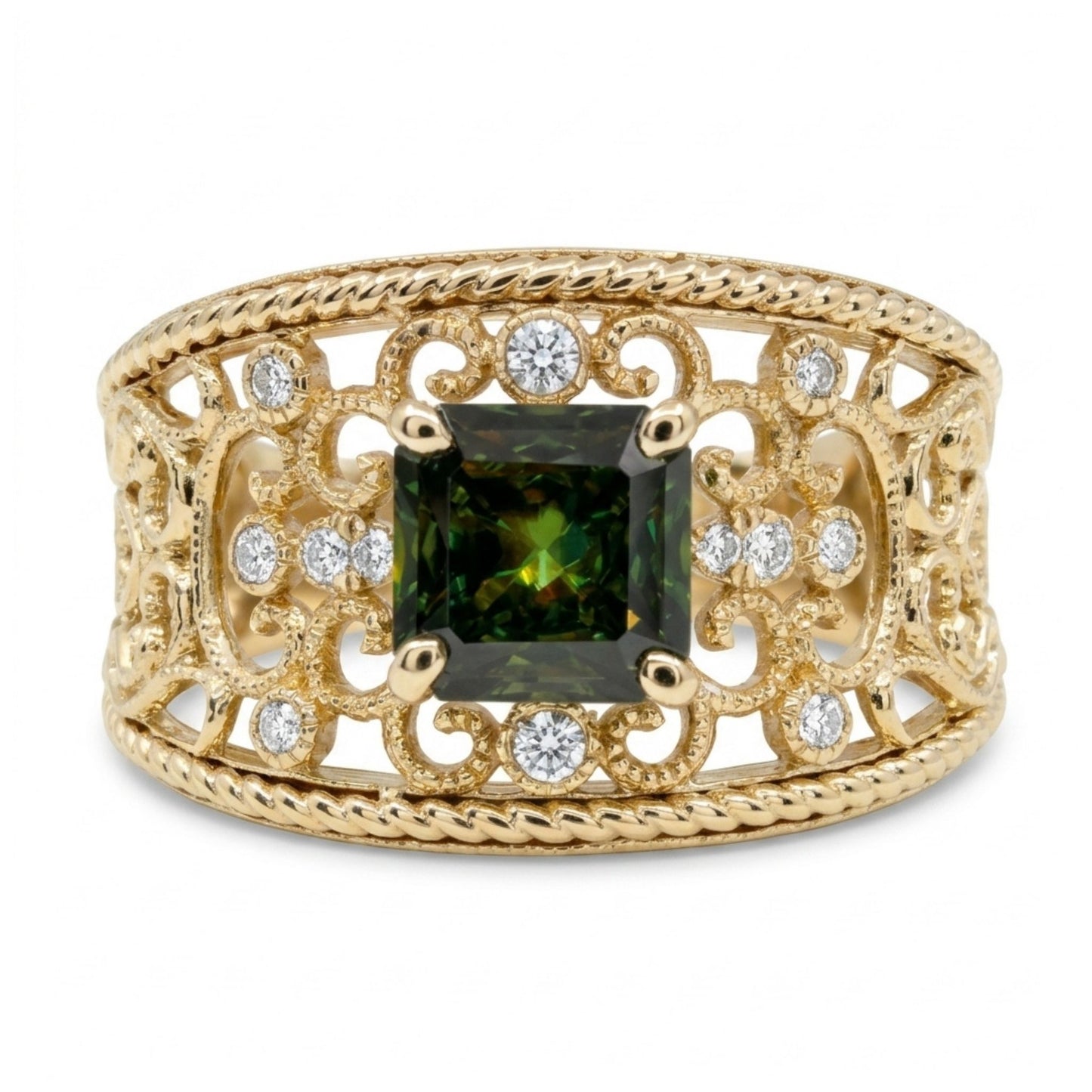 14K 0.91ct Asscher Cut Color Change Sphene 0.07cttw White Diamonds Ring