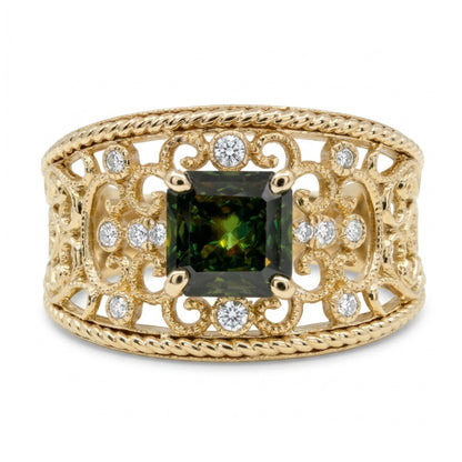 14K 0.91ct Asscher Cut Color Change Sphene 0.07cttw White Diamonds Ring