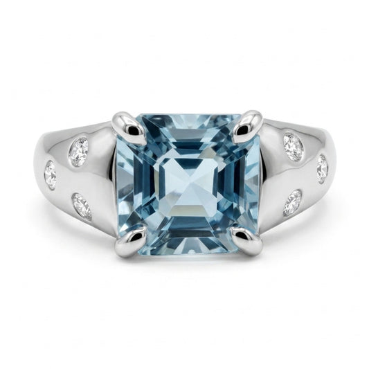 14K 2.24ct Asscher Cut Santa Maria Aquamarine 0.16cttw VS White Diamonds Ring