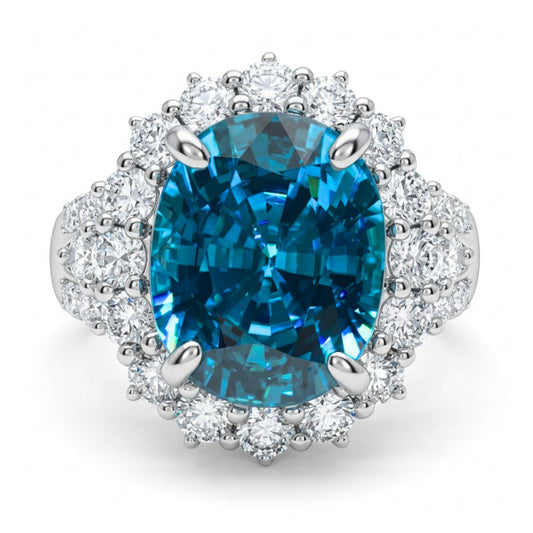 14K 10.46ct Oval Private Collection Blue Zircon 1.34cttw VS White Diamonds Ring