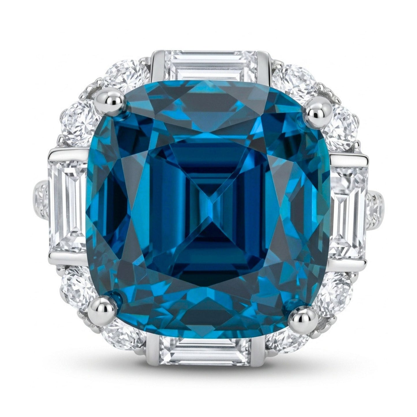 14K 15.04ct Cushion Private Collection Blue Zircon 1.71cttw White Diamonds Ring