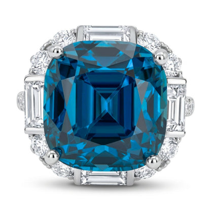 14K 15.04ct Cushion Private Collection Blue Zircon 1.71cttw White Diamonds Ring
