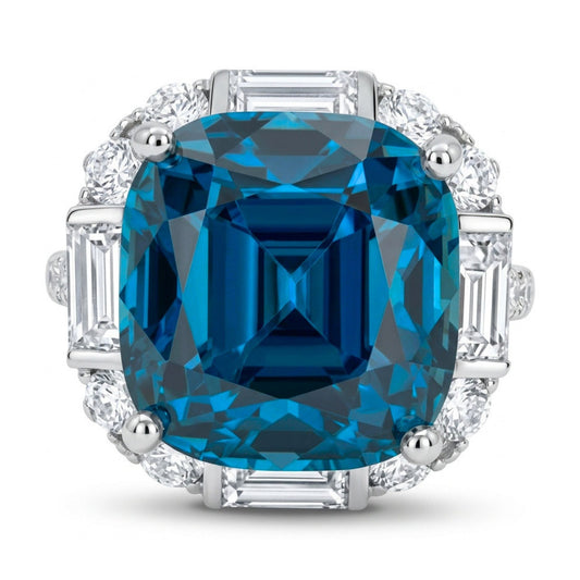 14K 15.04ct Cushion Private Collection Blue Zircon 1.71cttw White Diamonds Ring
