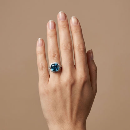 14K 15.04ct Cushion Private Collection Blue Zircon 1.71cttw White Diamonds Ring