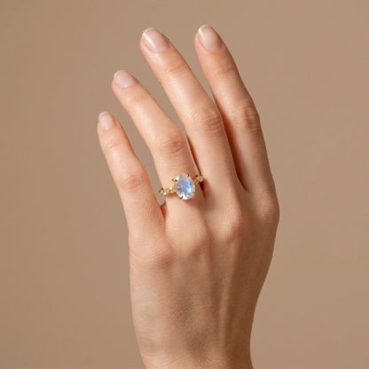 14K 3.04ct Oval Moonstone 0.47cttw VS Yellow Diamonds Ring