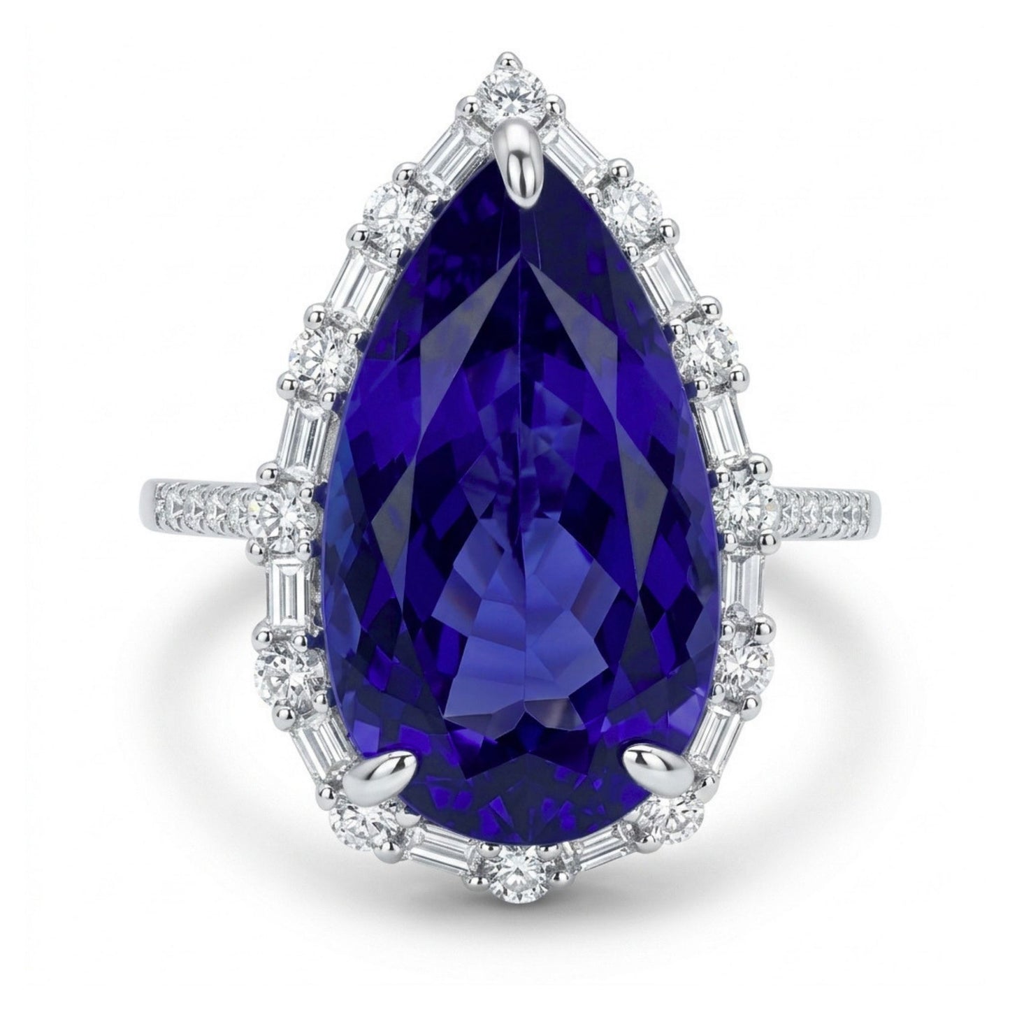 14K 7.65ct Pear Shape Blue Wing Tanzanite 0.66cttw VS White Diamonds Ring