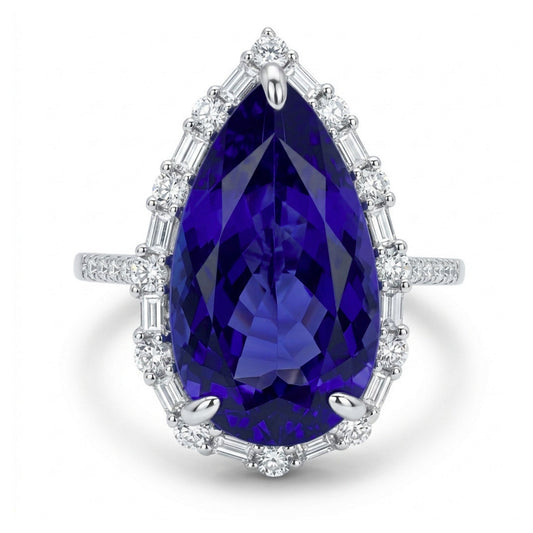 14K 7.65ct Pear Shape Blue Wing Tanzanite 0.66cttw VS White Diamonds Ring