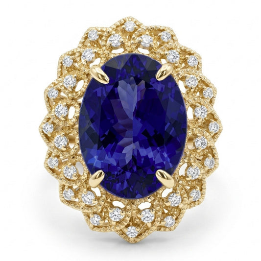 14K 9.16ct Oval Blue Wing Tanzanite 0.64cttw VS White Diamonds Ring