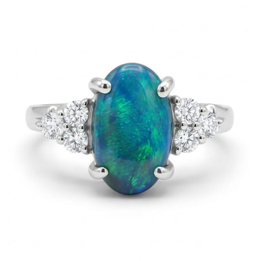 14K 1.32ct Oval Black Opal 0.21cttw White Diamonds Ring