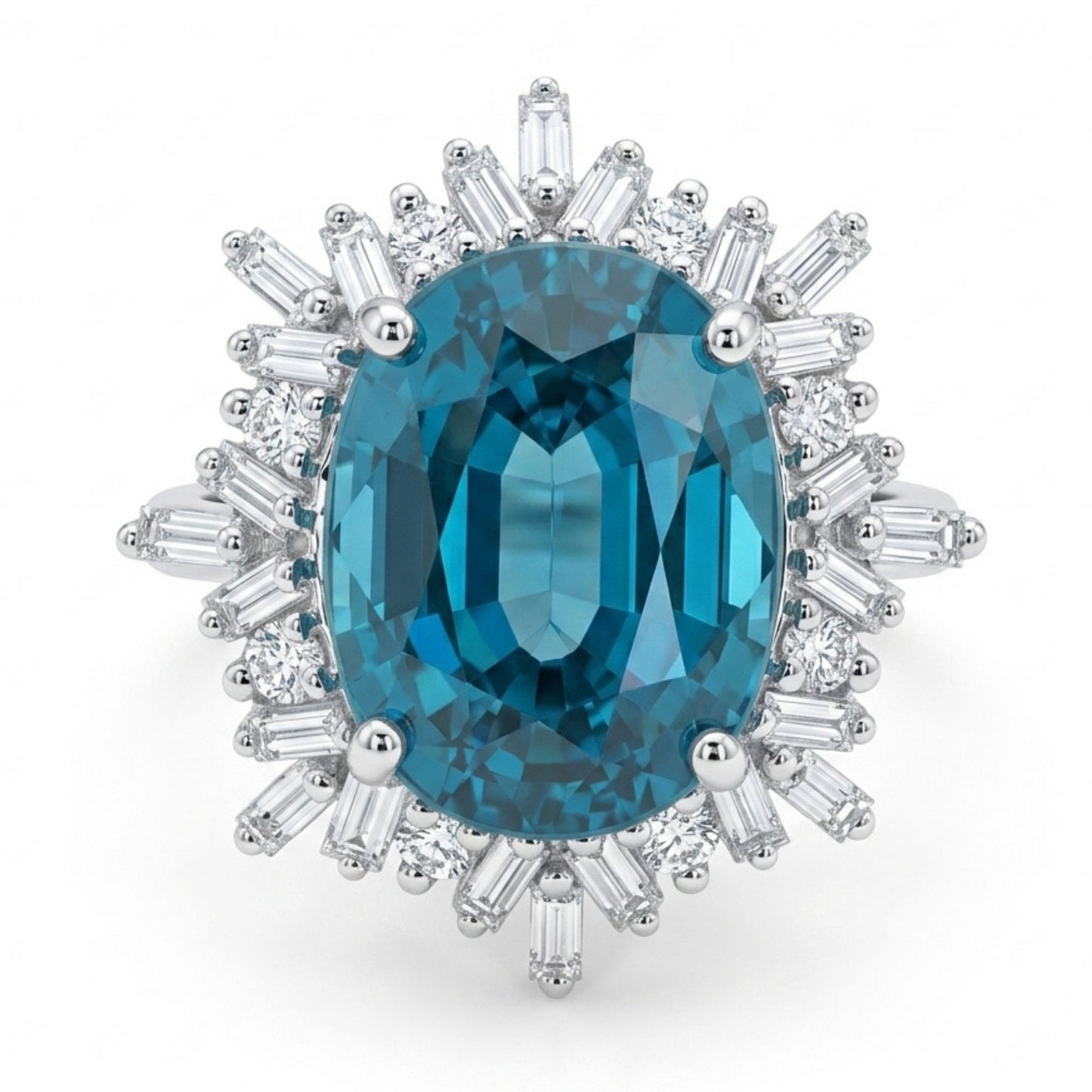 14K 9.27ct Oval Blue Zircon 0.58cttw White Diamonds Ring