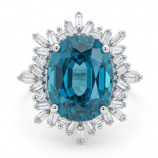 14K 9.27ct Oval Private Collection Blue Zircon 0.58cttw White Diamonds Ring