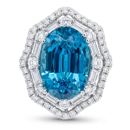 14K 11.99ct Oval Private Collection Blue Zircon 1.31cttw White Diamonds Ring