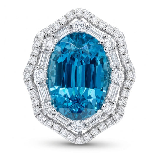 14K 11.99ct Oval Private Collection Blue Zircon 1.31cttw White Diamonds Ring