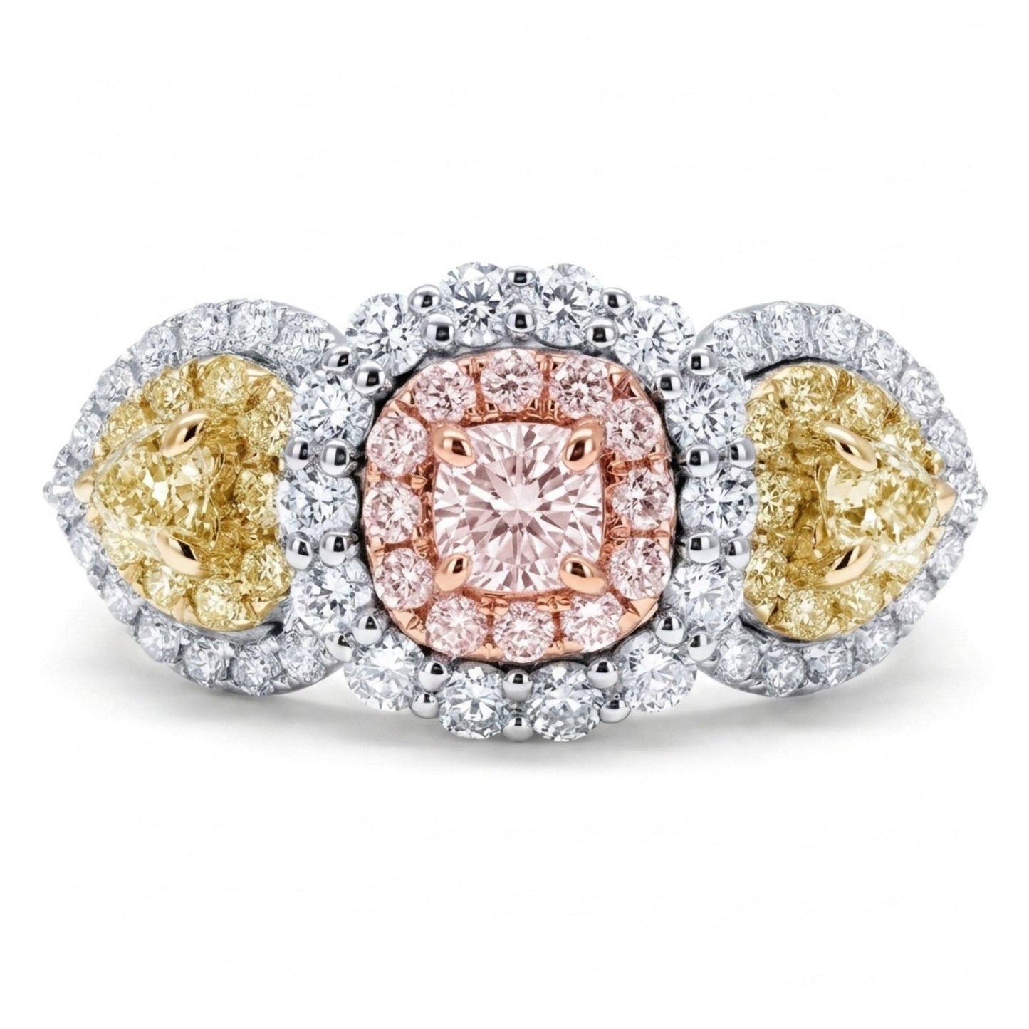 14K 0.27ct Cushion Pink Diamond 0.30cttw Heart Shape Yellow Diamond 1.06cttw Pink, Yellow, and White Diamonds Ring