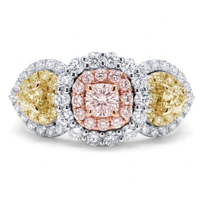 14K 0.27ct Cushion Pink Diamond 0.30cttw Heart Shape Yellow Diamond 1.06cttw Pink, Yellow, and White Diamonds Ring