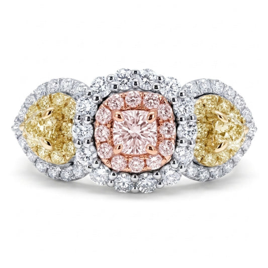 14K 0.27ct Cushion Pink Diamond 0.30cttw Heart Shape Yellow Diamond 1.06cttw Pink, Yellow, and White Diamonds Ring