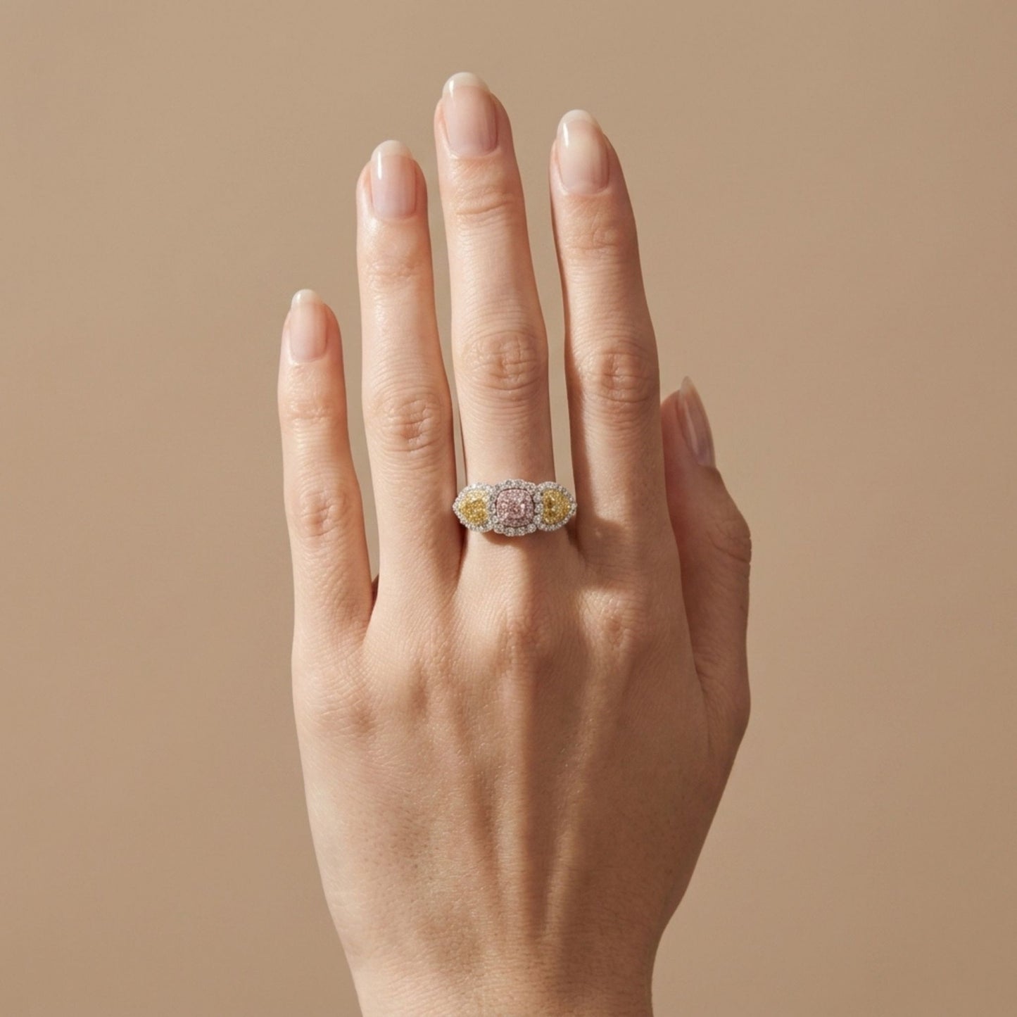 14K 0.27ct Cushion Pink Diamond 0.30cttw Heart Shape Yellow Diamond 1.06cttw Pink, Yellow, and White Diamonds Ring