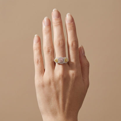 14K 0.27ct Cushion Pink Diamond 0.30cttw Heart Shape Yellow Diamond 1.06cttw Pink, Yellow, and White Diamonds Ring