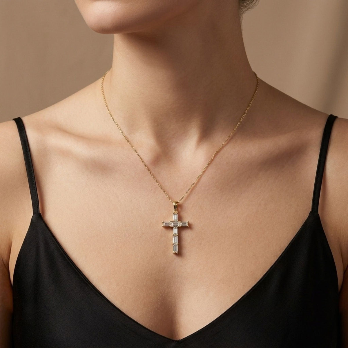 14K 1.10cttw Baguette VS White Diamond Cross Pendant