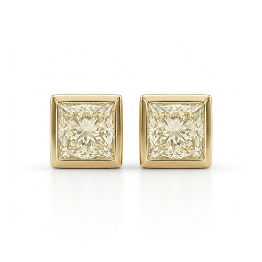 14K 0.64cttw Princess Cut VS Yellow Diamond Stud Earrings