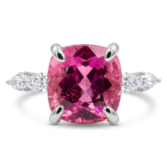 14K 4.40ct Cushion Copper Bearing Tourmaline 0.47cttw White Diamonds Ring