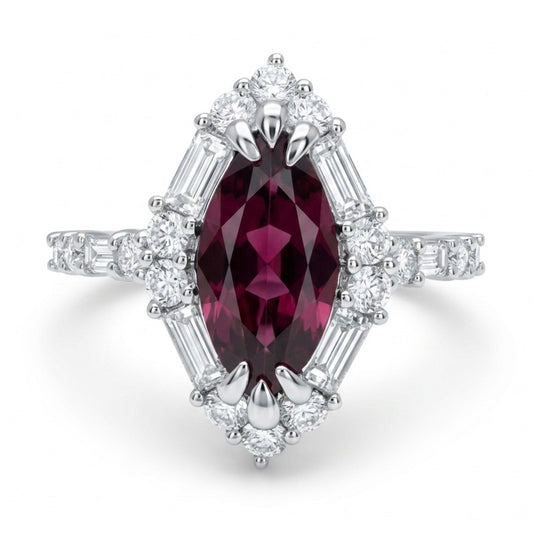 18K 1.39ct Marquise Unheated Reddish Purple Sapphire 0.89cttw White Diamonds Ring