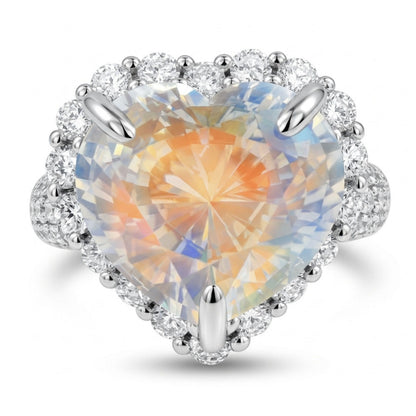 14K 6.40ct Heart Shape Moonstone 1.25cttw White Diamonds Ring