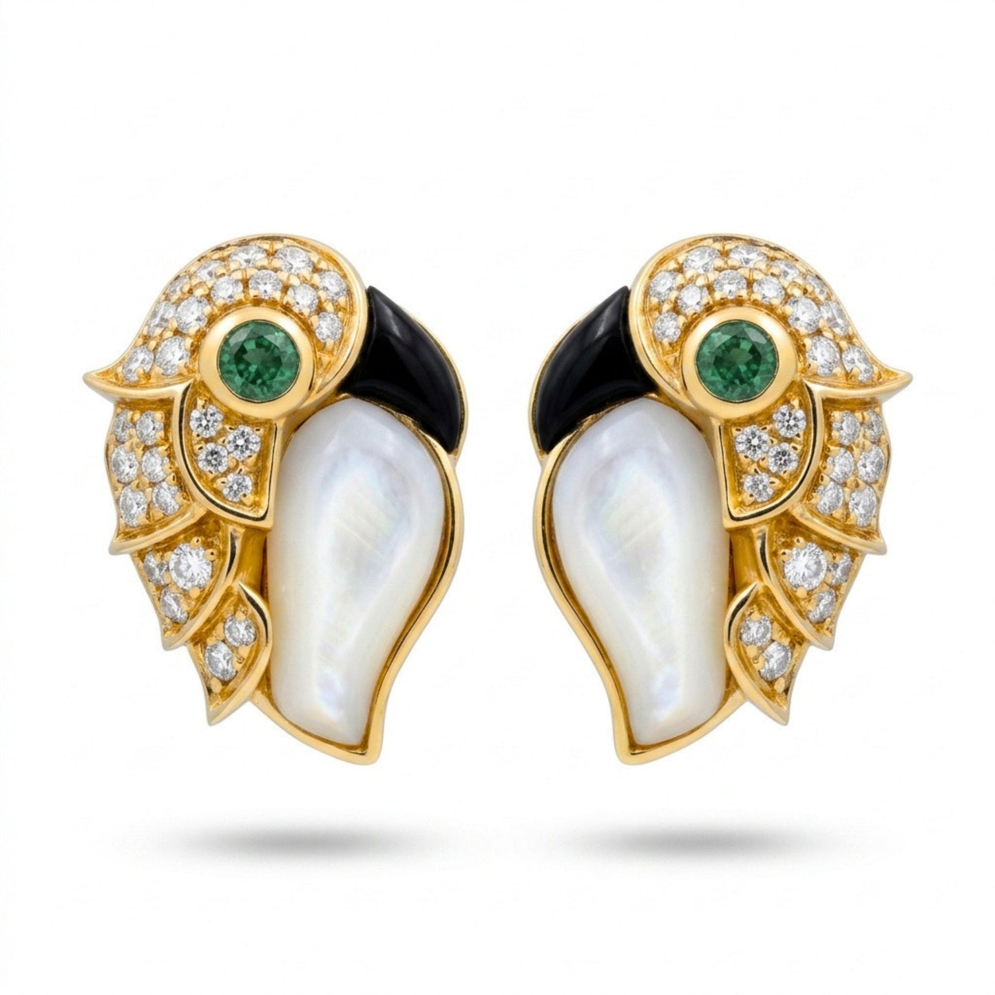 14K 0.12cttw Round Colombian Emerald 0.23cttw Black Onyx 2.01cttw Mother of Pearl 0.34cttw White Diamonds Stud Earrings