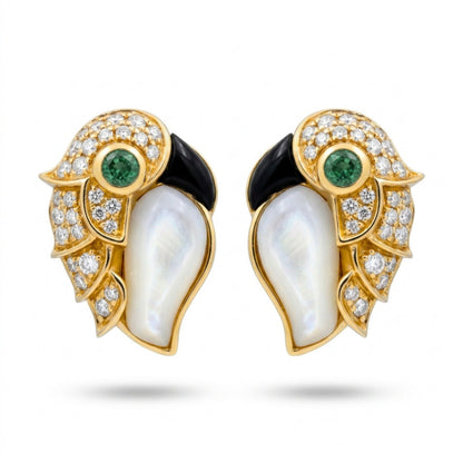 14K 0.12cttw Round Colombian Emerald 0.23cttw Black Onyx 2.01cttw Mother of Pearl 0.34cttw White Diamonds Stud Earrings