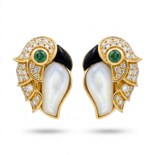 14K 0.12cttw Round Colombian Emerald 0.23cttw Black Onyx 2.01cttw Mother of Pearl 0.34cttw White Diamonds Stud Earrings