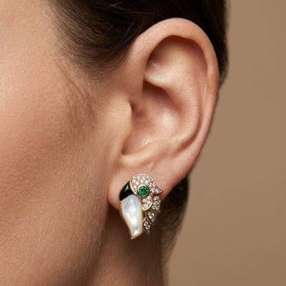 14K 0.12cttw Round Colombian Emerald 0.23cttw Black Onyx 2.01cttw Mother of Pearl 0.34cttw White Diamonds Stud Earrings