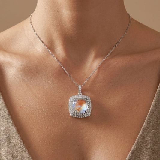 18K 5.30ct Cushion Moonstone 0.79cttw White Diamonds Pendant