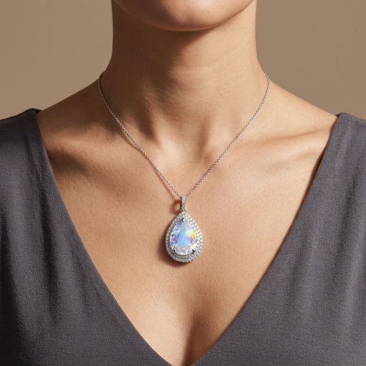 18K 5.45ct Pear Shape Moonstone 0.83cttw White Diamonds Pendant