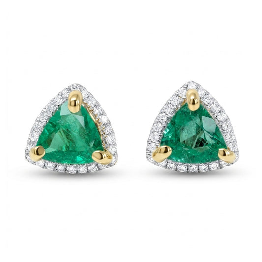 14K 1.18cttw Trilliant Colombian Emerald 0.19cttw White Diamonds Stud Earrings
