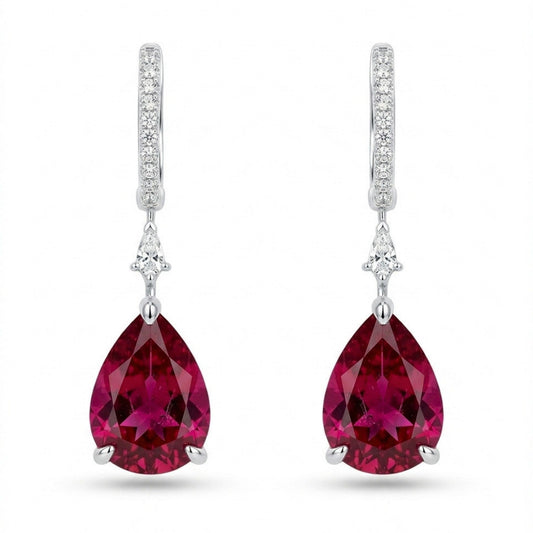 18K 8.29cttw Pear Shape Copper Bearing Tourmaline 0.36cttw White Diamonds Drop Earrings