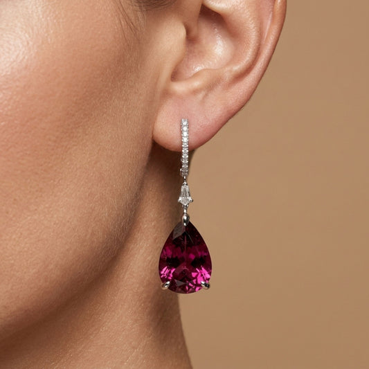 18K 8.29cttw Pear Shape Copper Bearing Tourmaline 0.36cttw White Diamonds Drop Earrings