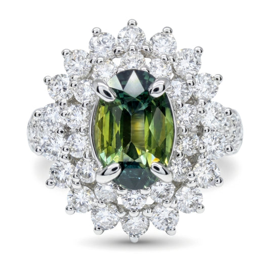 14K gold 1.76ct oval unheated bi-color sapphire ring with 1.79cttw VS white diamonds