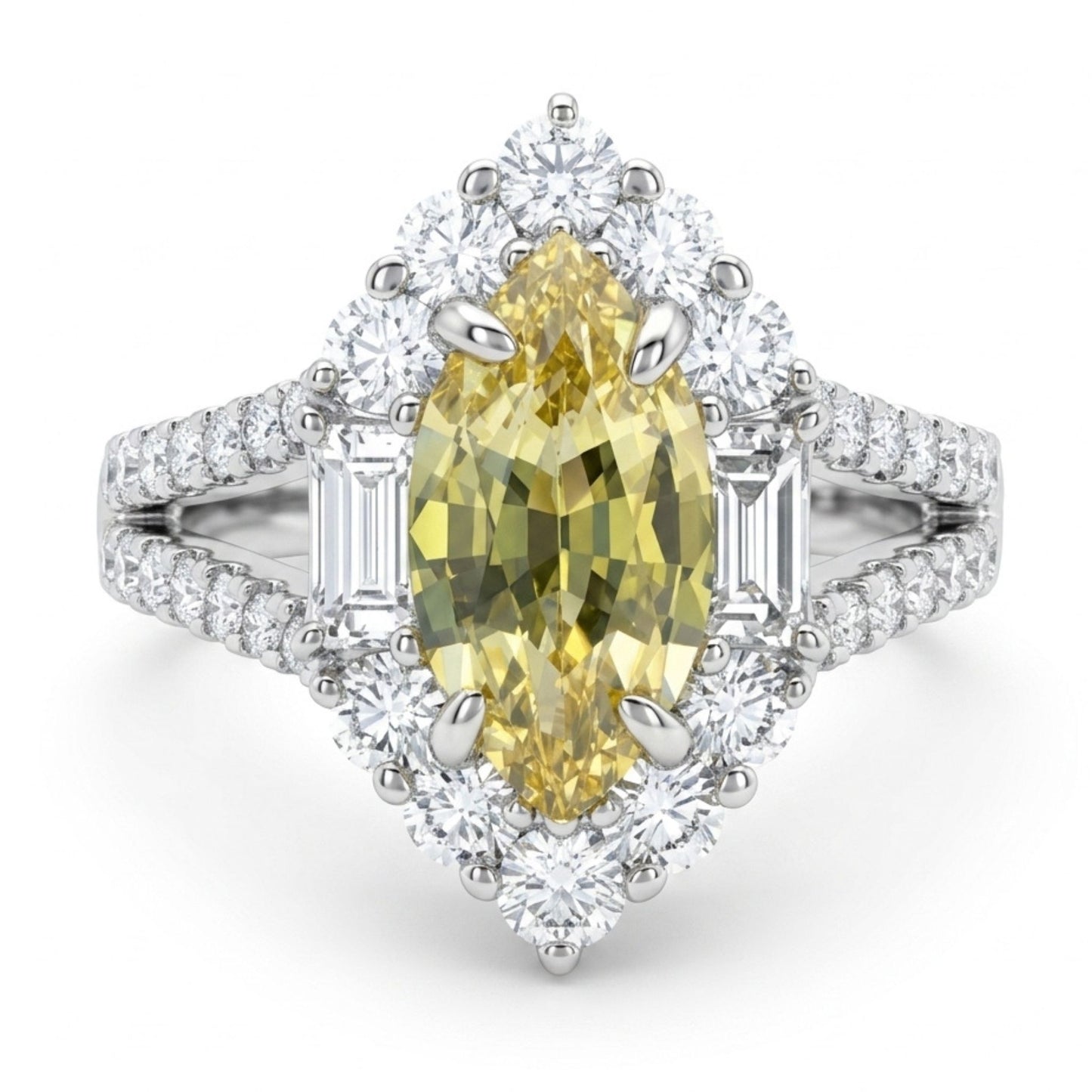 18K 1.31ct Marquise Unheated Yellow Sapphire 1.08cttw White Diamonds Ring