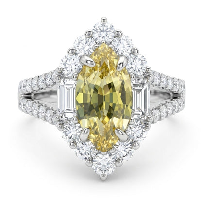 18K 1.31ct Marquise Unheated Yellow Sapphire 1.08cttw White Diamonds Ring