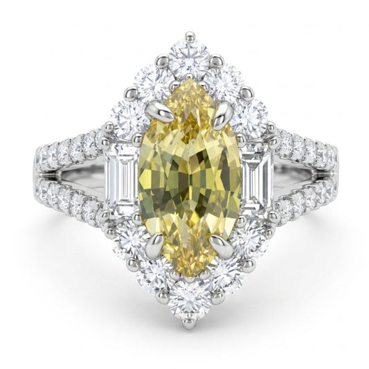 18K 1.31ct Marquise Unheated Yellow Sapphire 1.08cttw White Diamonds Ring