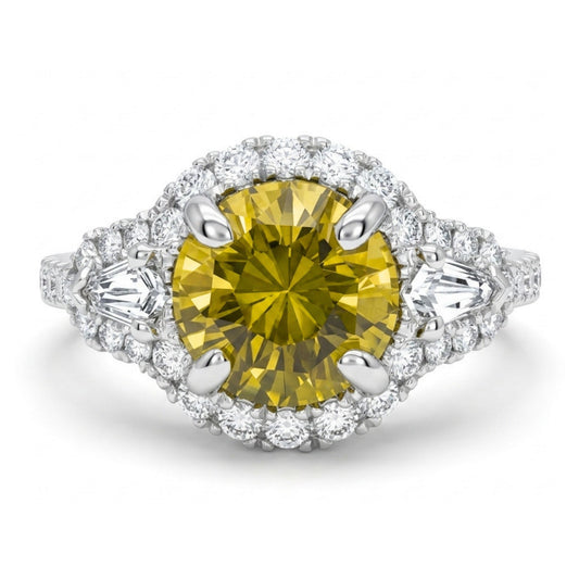 18K 1.71ct Round Unheated Yellow Sapphire 0.48cttw VS White Diamonds Ring
