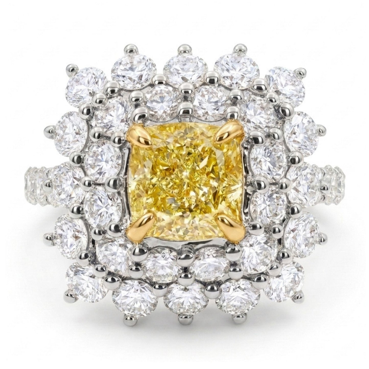 14K 1.00ct Cushion VS Yellow Diamond 1.96cttw VS White Diamonds Ring