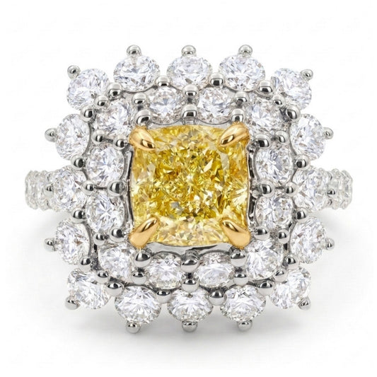 14K 1.00ct Cushion VS Yellow Diamond 1.96cttw VS White Diamonds Ring