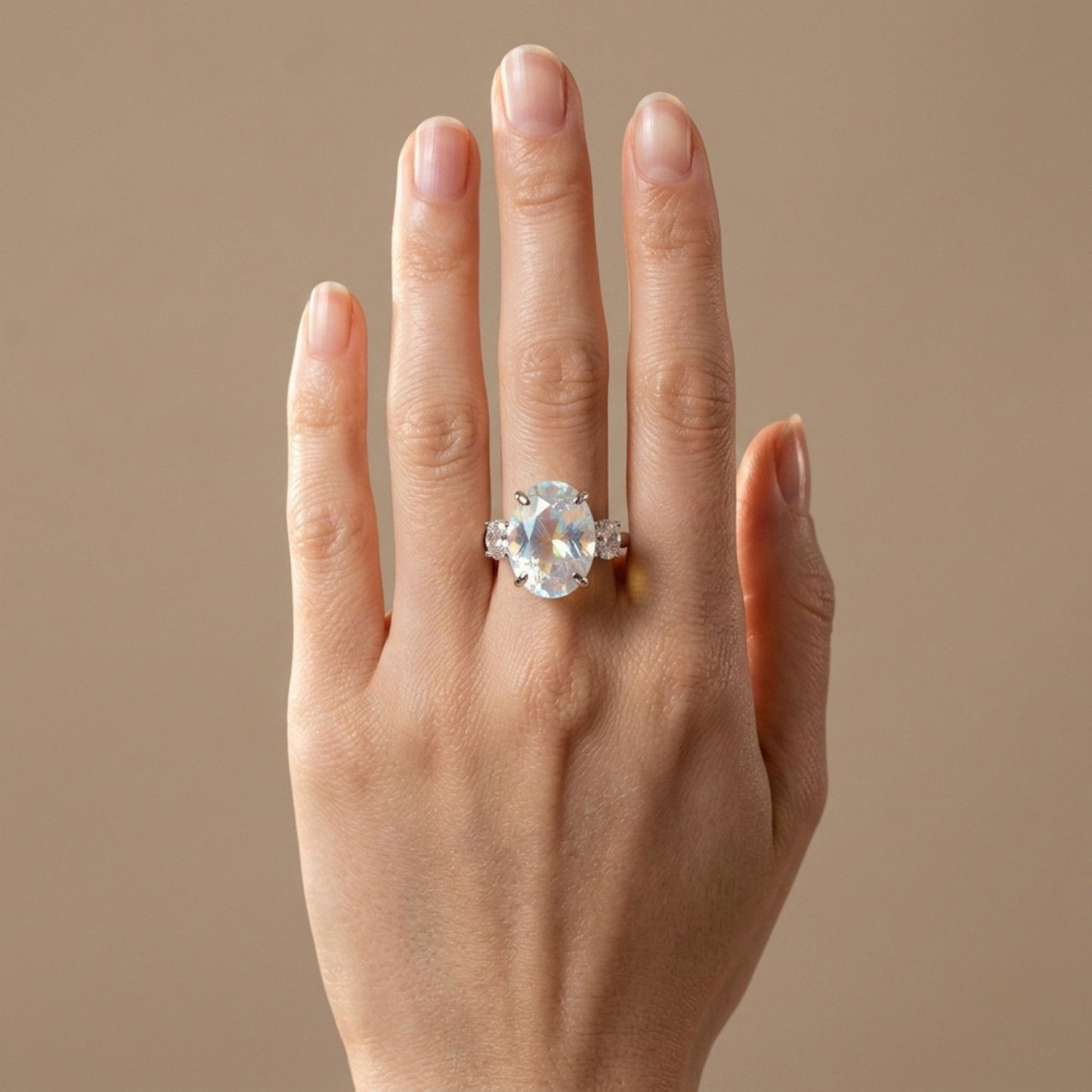 14K 7.09ct Oval Moonstone 0.55cttw VS White Diamonds Ring