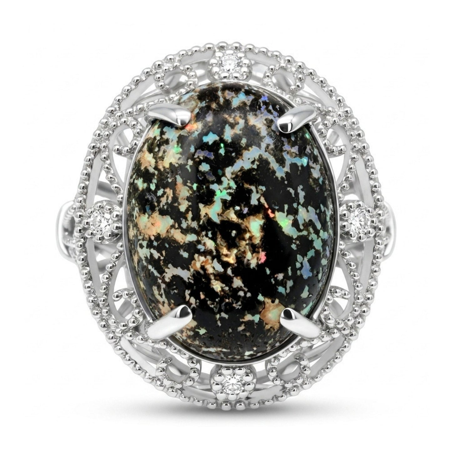 14K 4.91ct Oval Leopard Opal 0.06cttw VS White Diamonds Ring